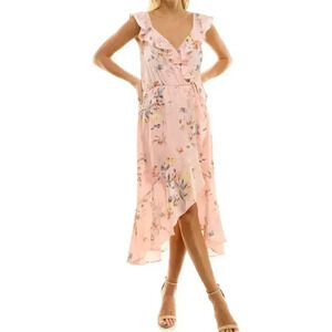NWT Socialite Pink Floral Flutter Sleeve Ruffle Wrap Kentucky Derb Dress Sz. M